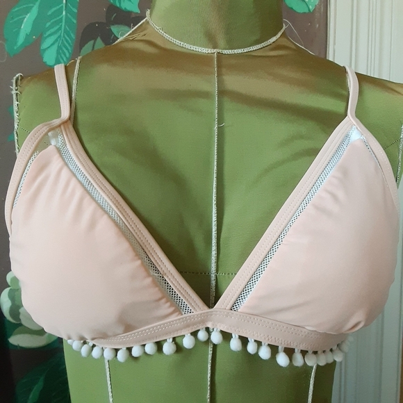 Unknown Other - Peach Bikini Top with Mesh & White Pom Pom Tassels